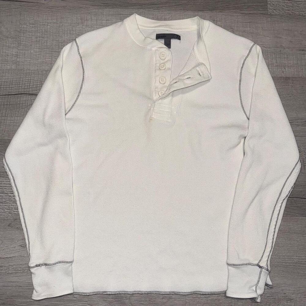 Old navy 2000s white thermal waffle knit henley long sleeve shirt size large